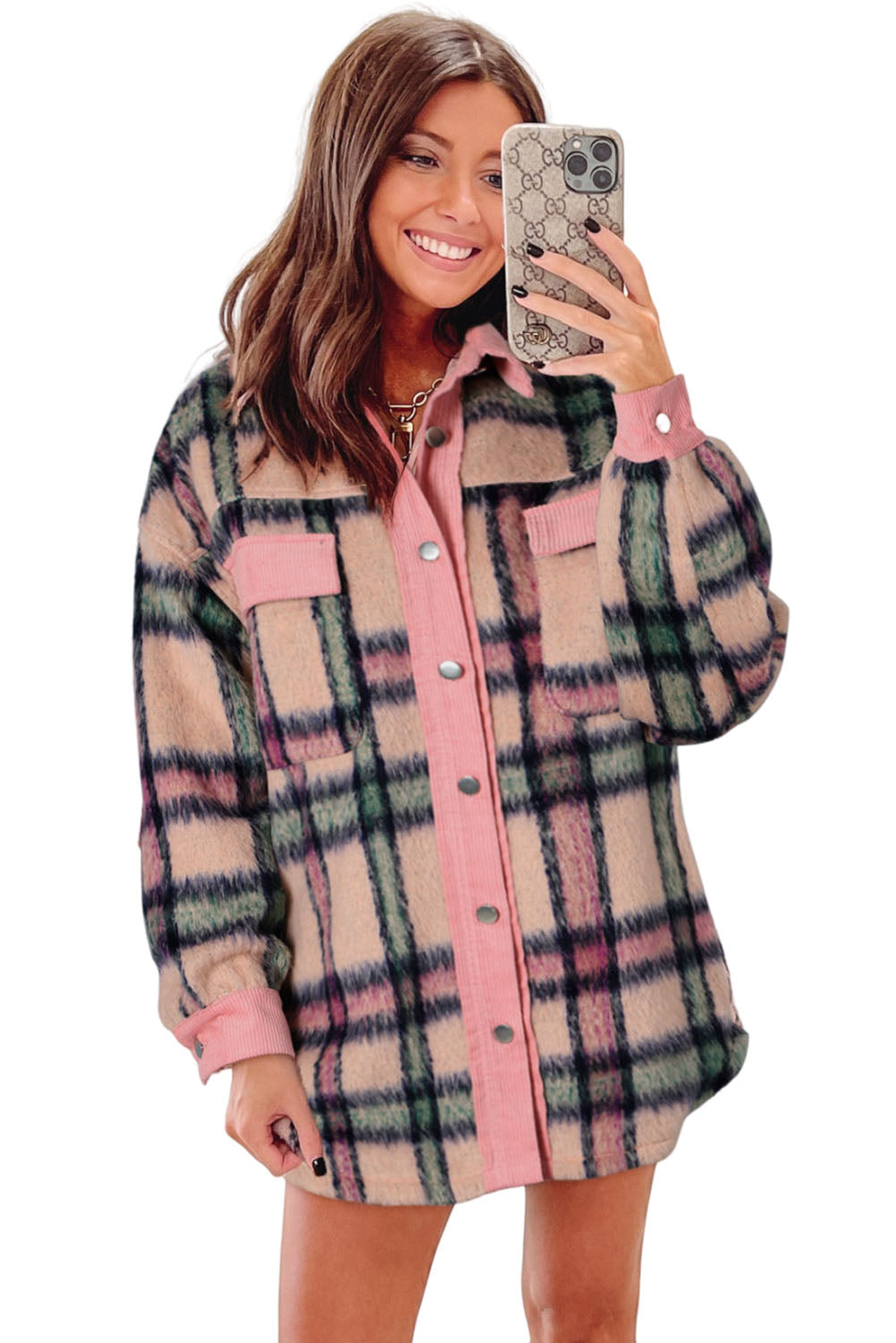 Pink Fuzzy Patchwork Shacket