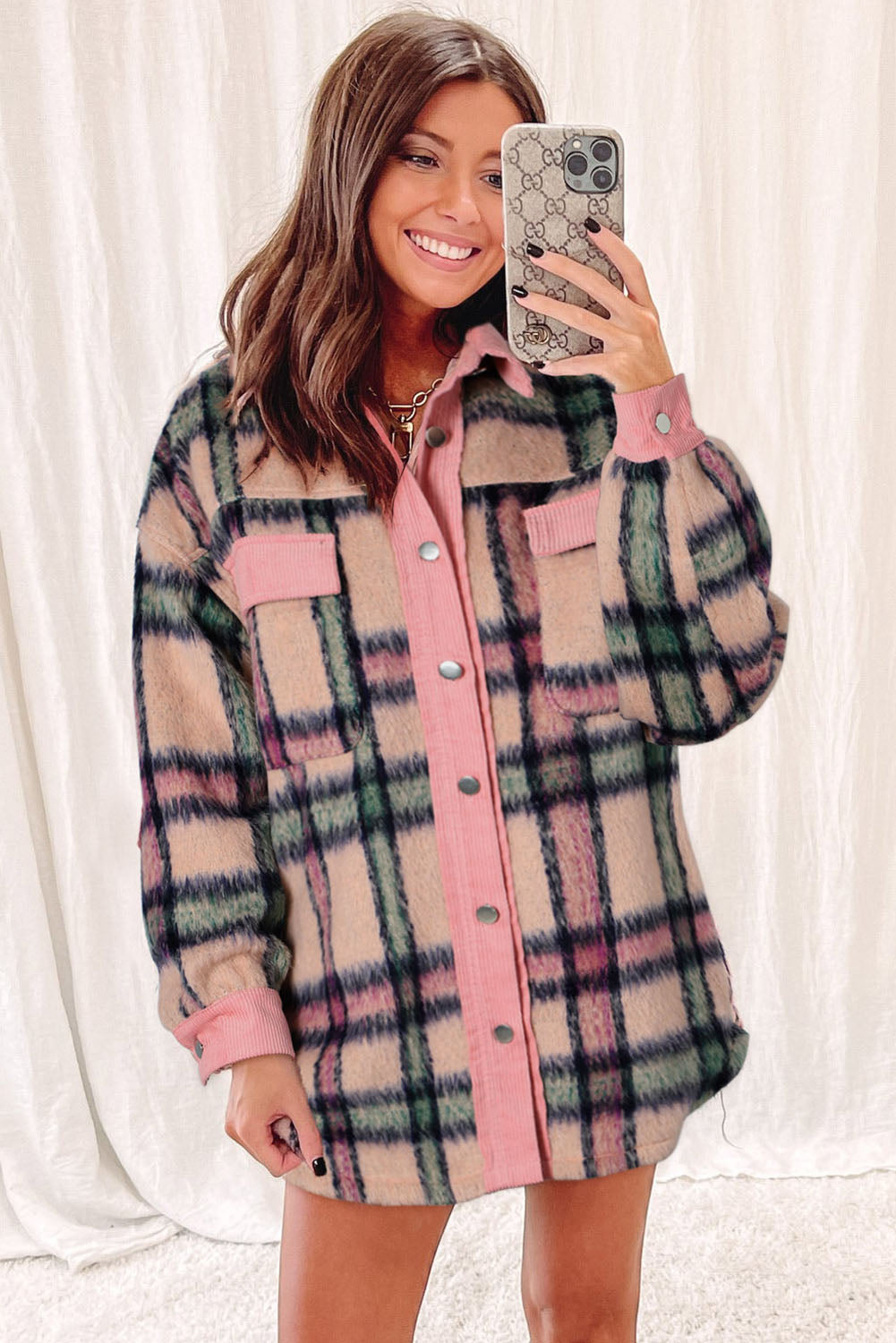 Pink Fuzzy Patchwork Shacket