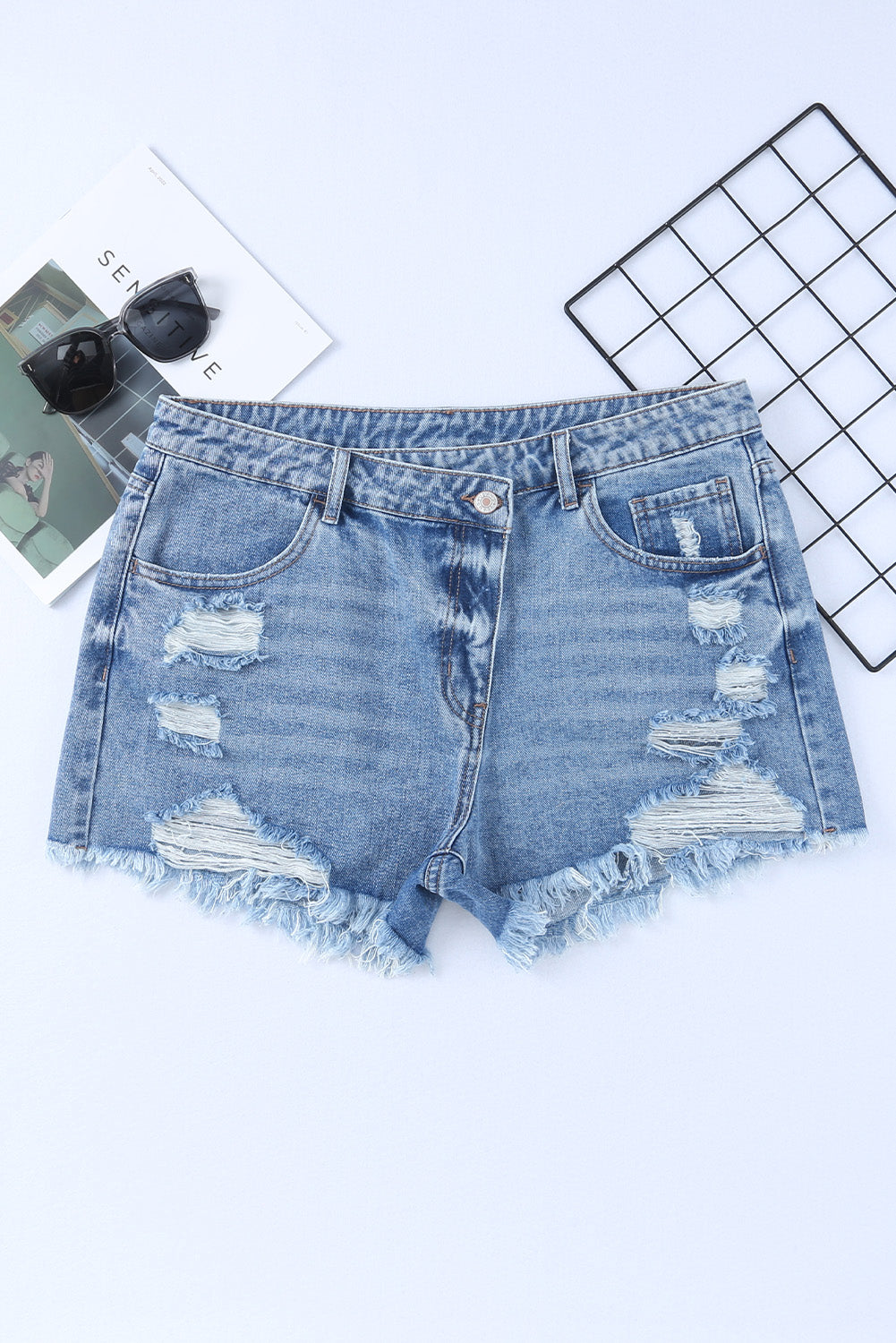 Crossover Waist Denim Shorts