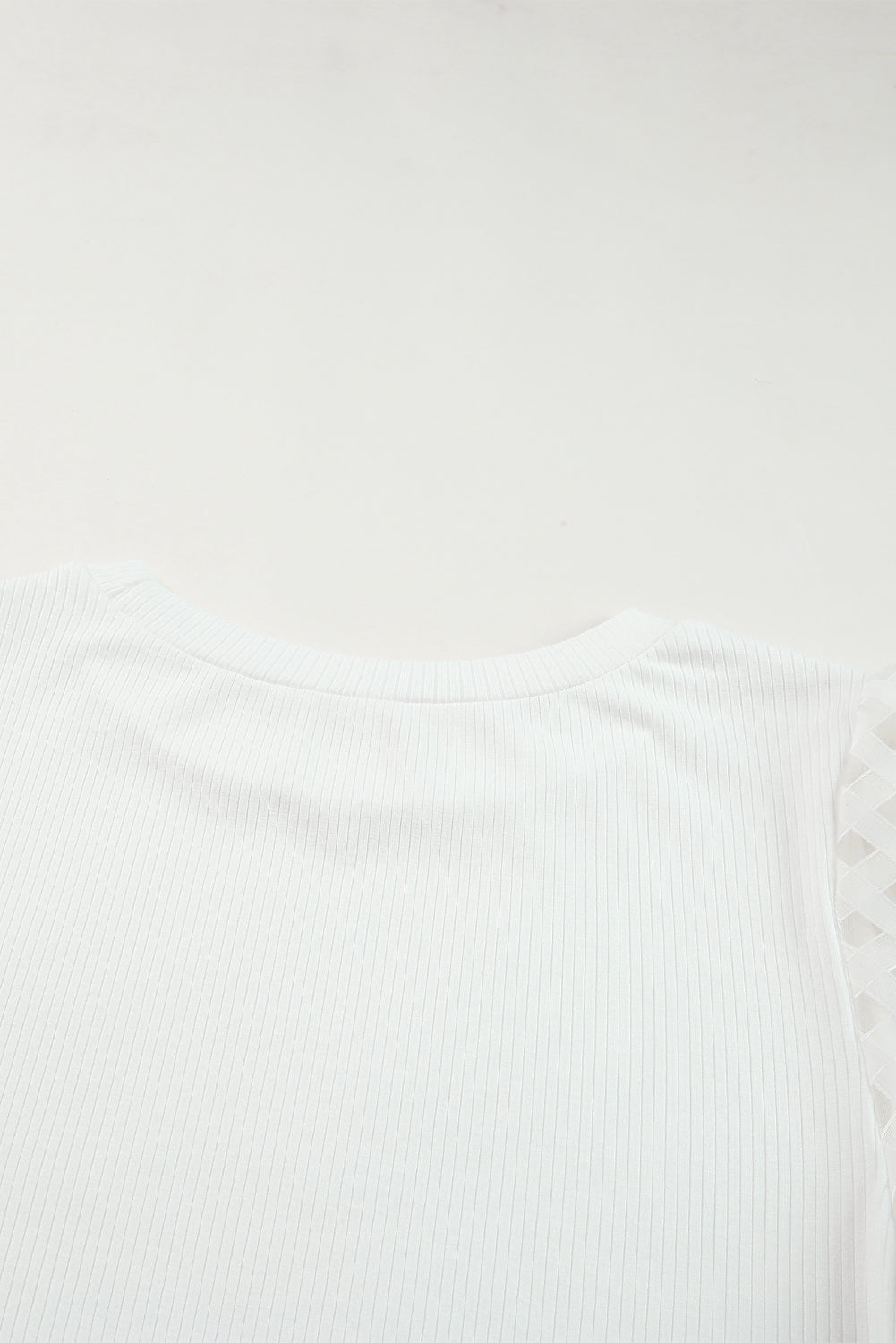 White Checkered Puff Sleeve Ribbed Knit Top