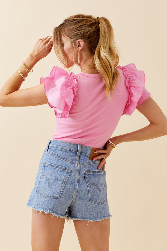 Ruffled V-Neck Bodysuit in Pink