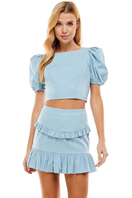 Poplin Top w/Puff Sleeves in Powder Blue