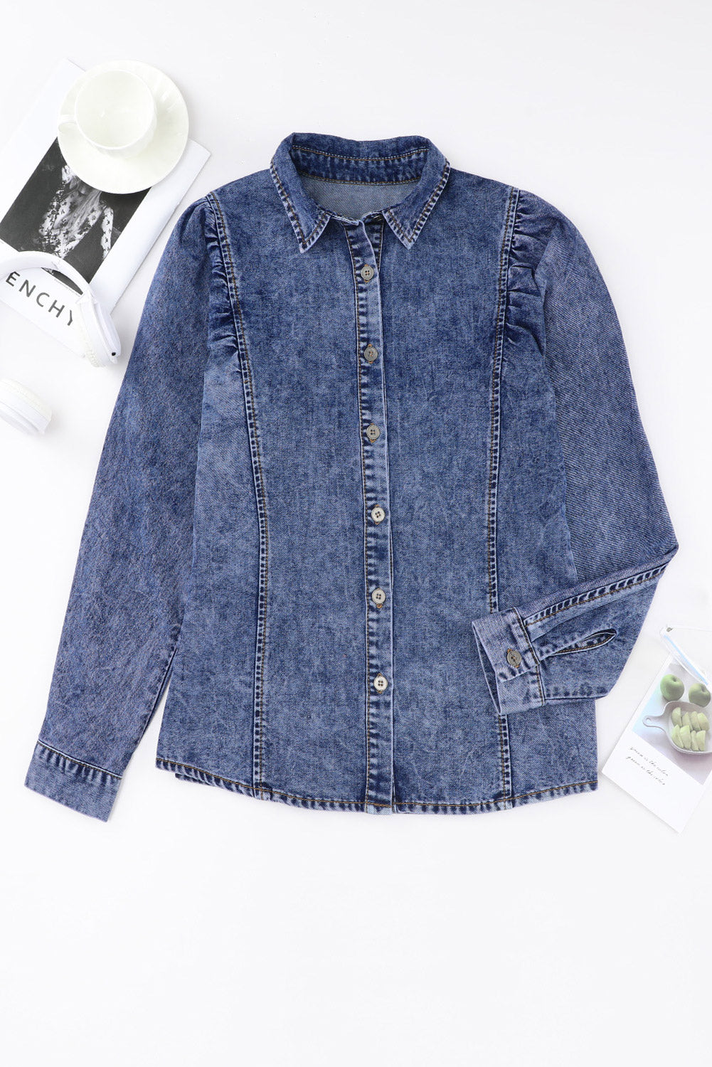 Denim Chic Puff Sleeve Blouse