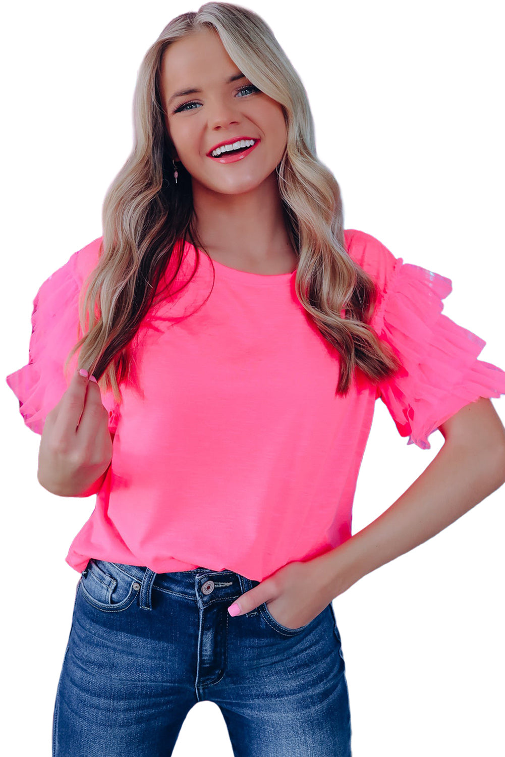 Flamingo Tulle Ruffle Sleeve Top