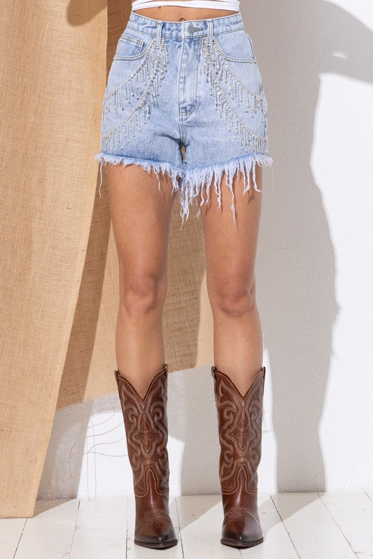 Rhinestone Fringe Denim Shorts