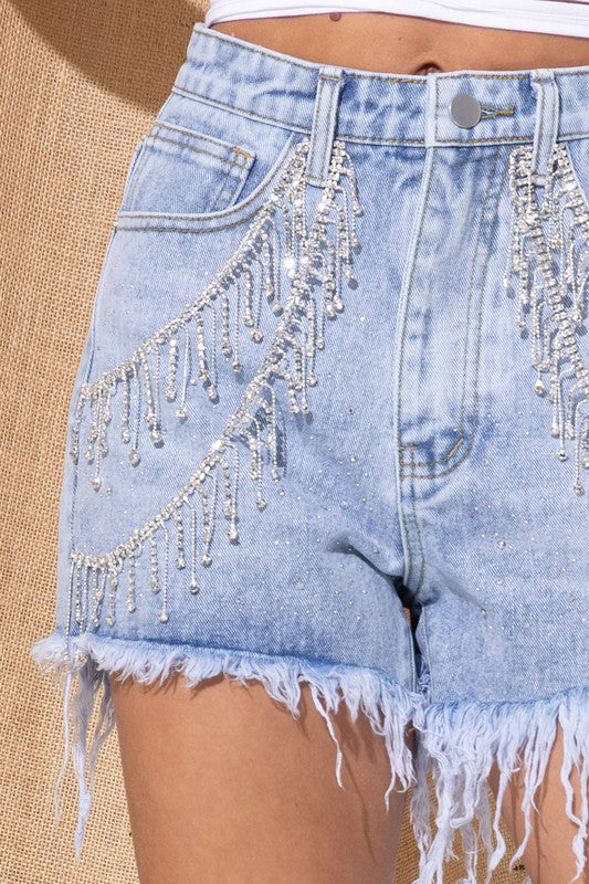 Rhinestone Fringe Denim Shorts