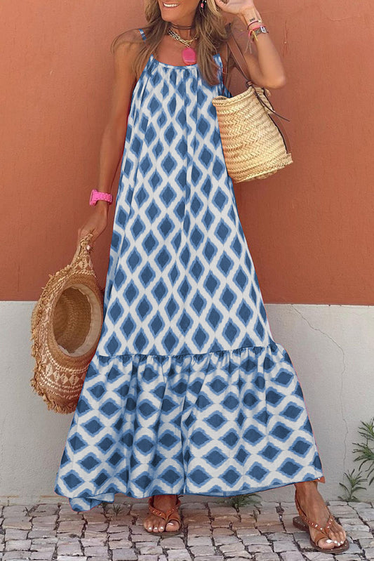 Blue Geometric Loose Fit Maxi Dress