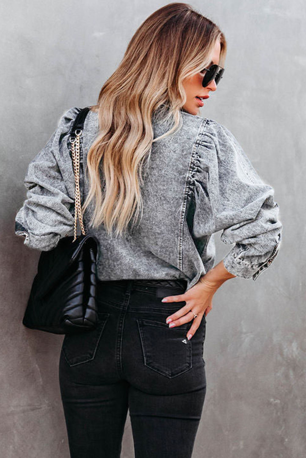 Denim Chic Puff Sleeve Blouse