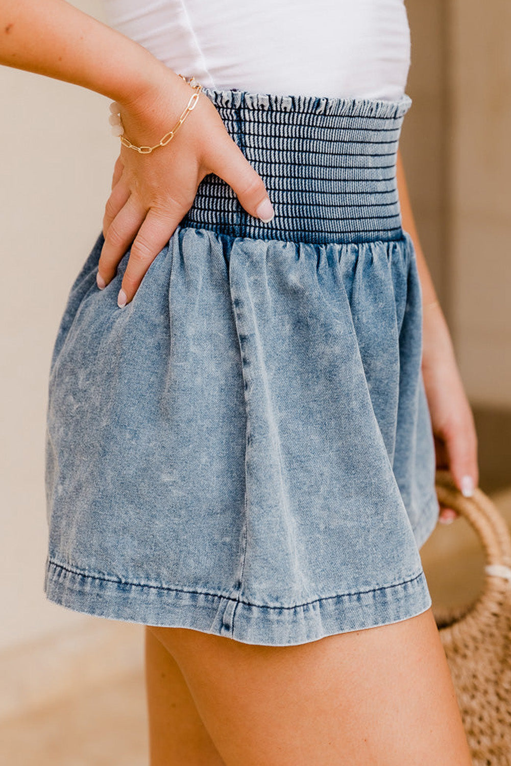 Denim Smocked Flared Denim Shorts