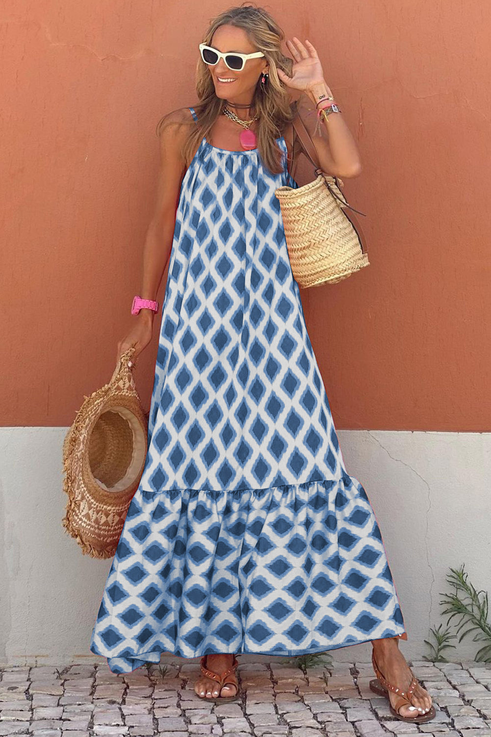 Blue Geometric Loose Fit Maxi Dress
