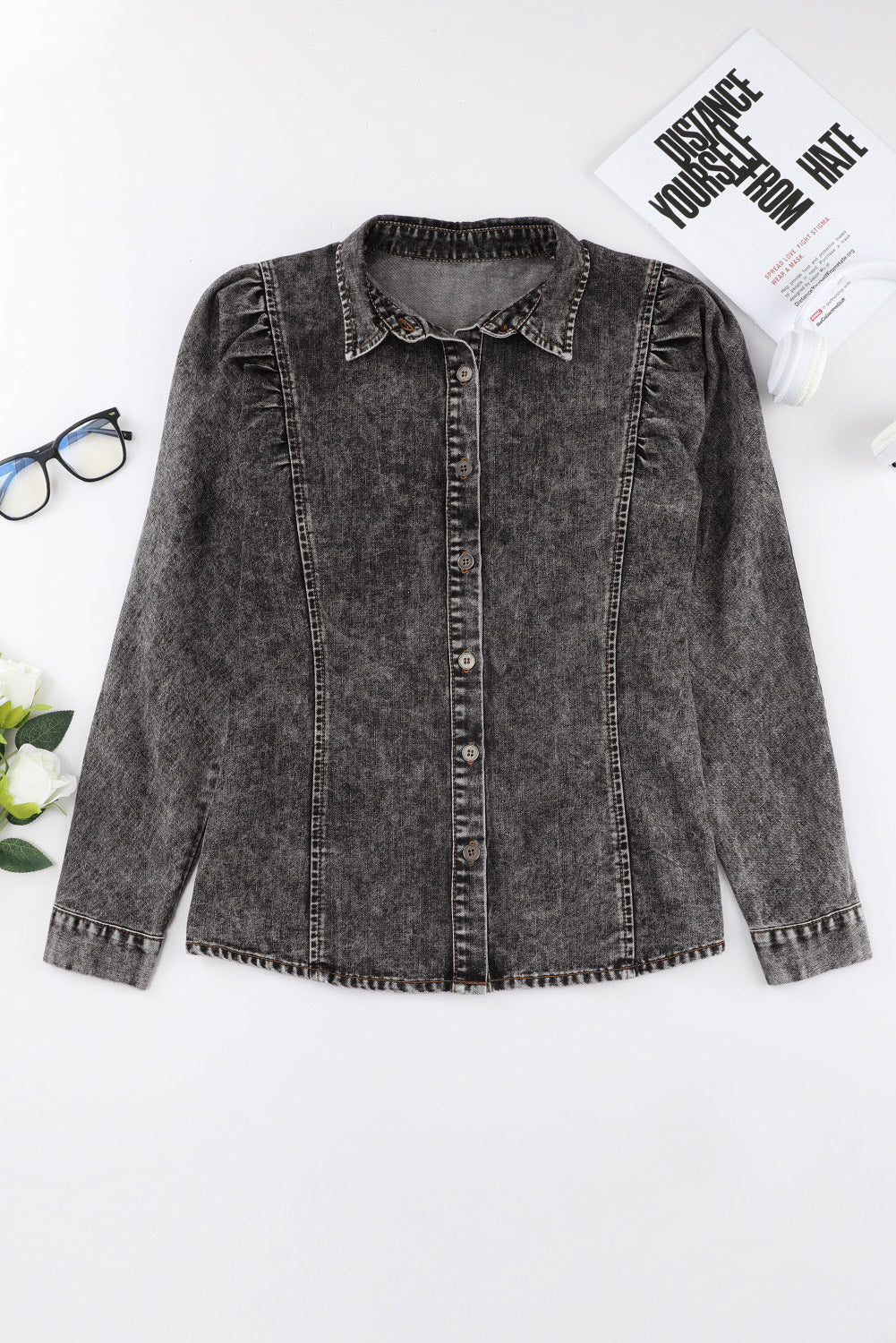 Denim Chic Puff Sleeve Blouse
