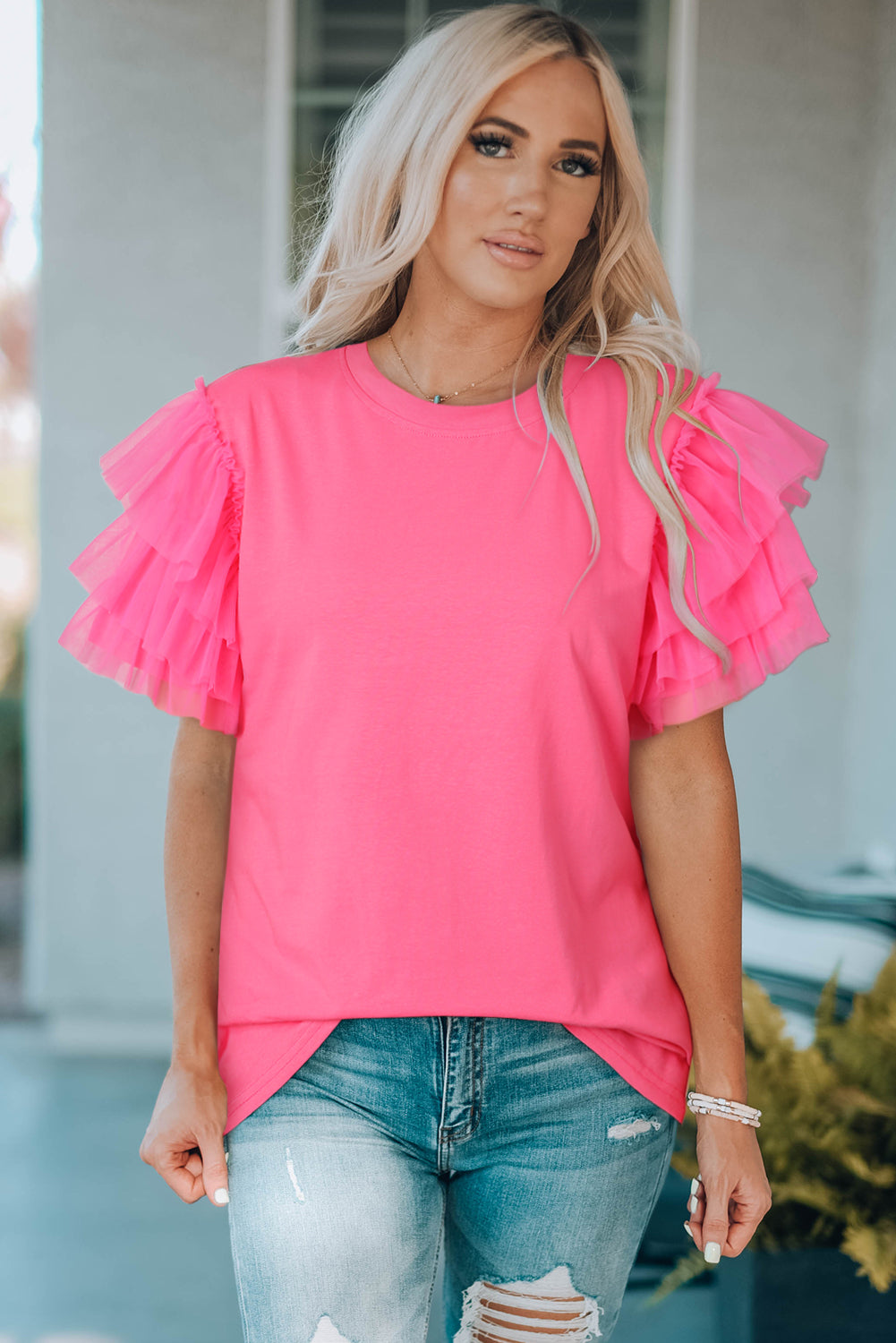 Flamingo Tulle Ruffle Sleeve Top