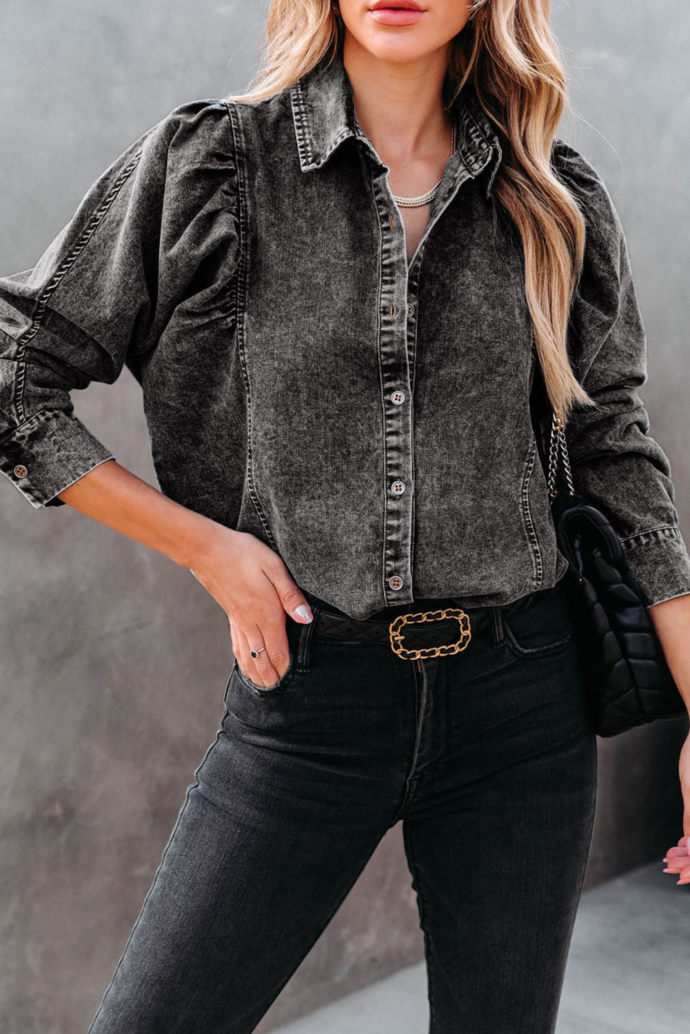 Denim Chic Puff Sleeve Blouse