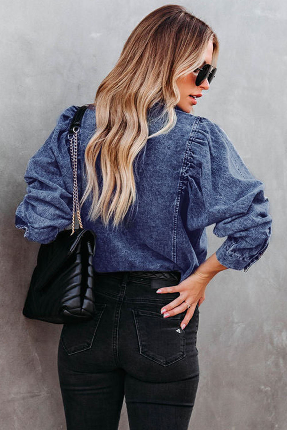 Denim Chic Puff Sleeve Blouse