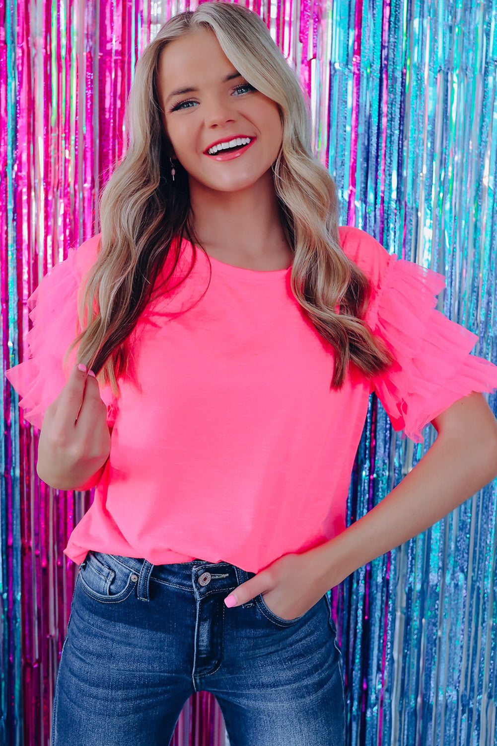 Flamingo Tulle Ruffle Sleeve Top