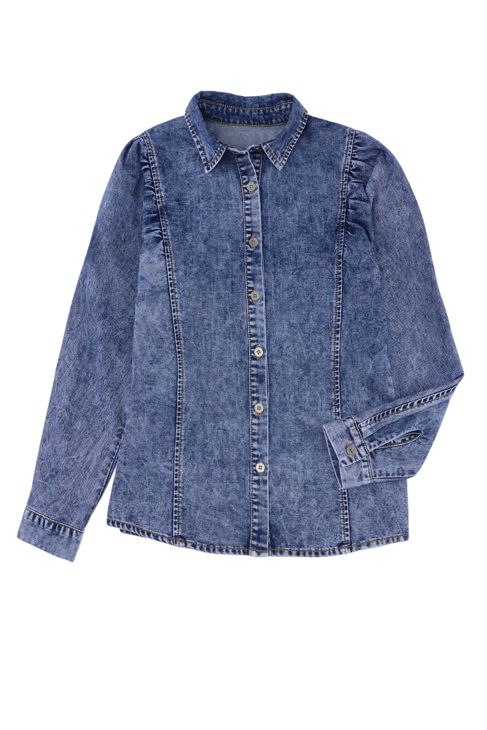 Denim Chic Puff Sleeve Blouse