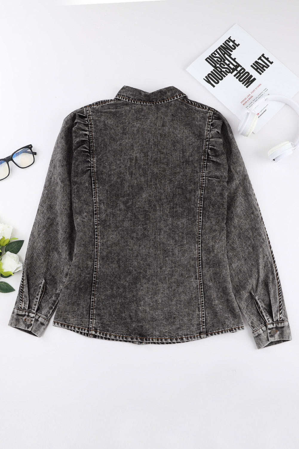 Denim Chic Puff Sleeve Blouse