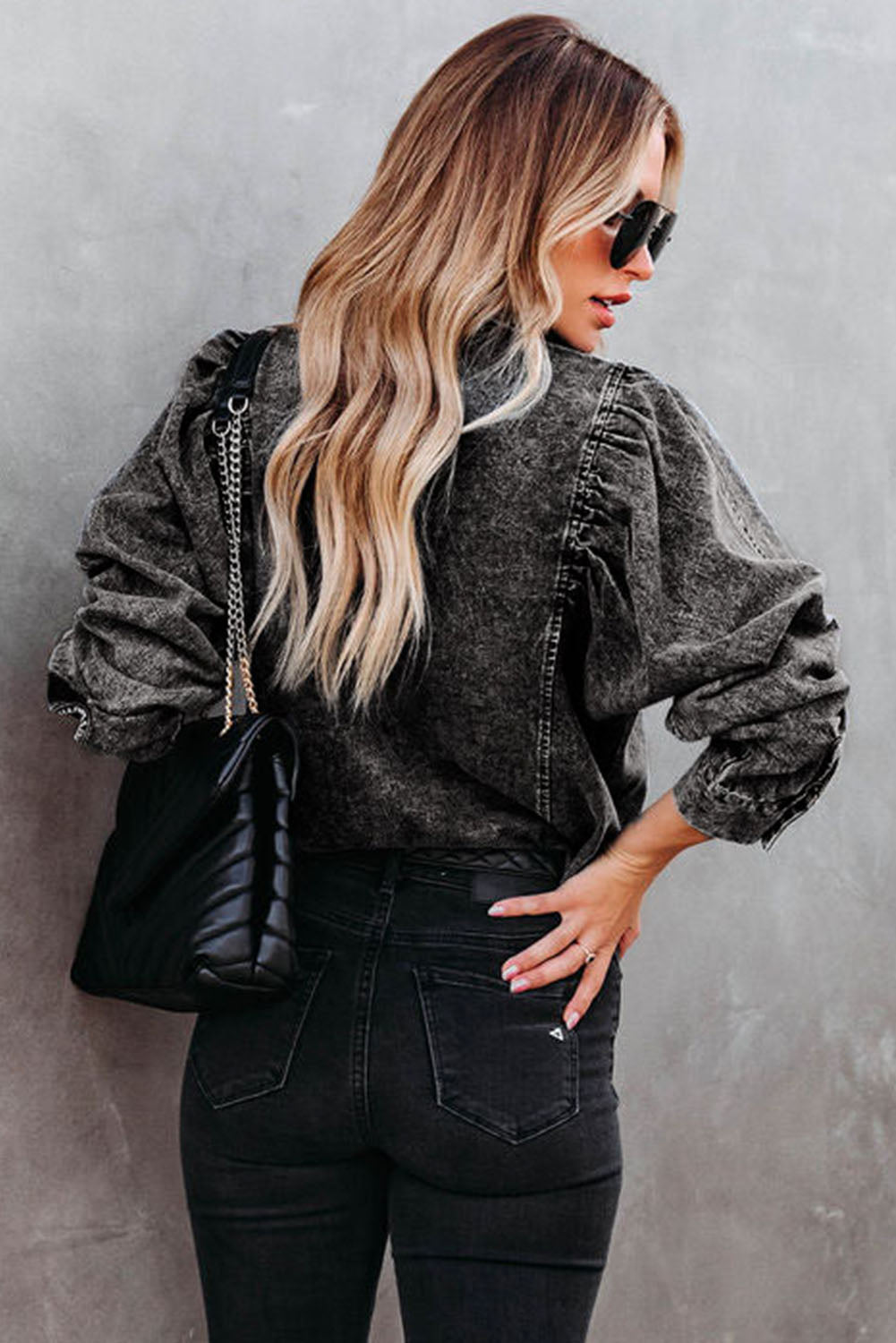 Denim Chic Puff Sleeve Blouse