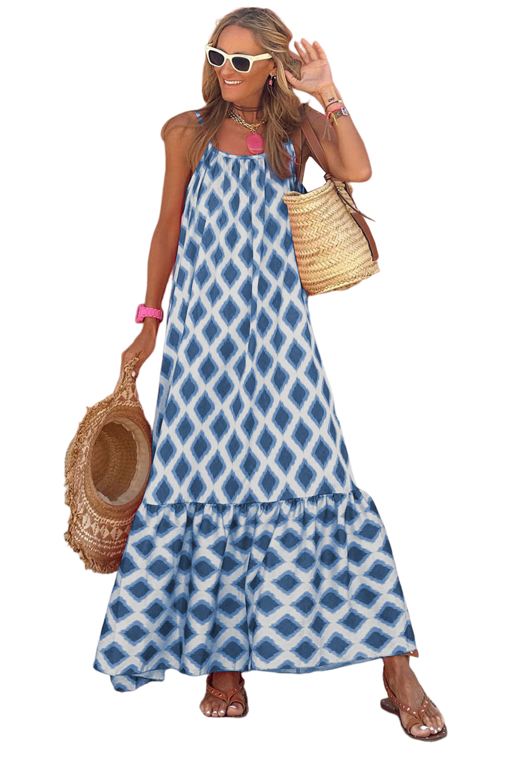 Blue Geometric Loose Fit Maxi Dress