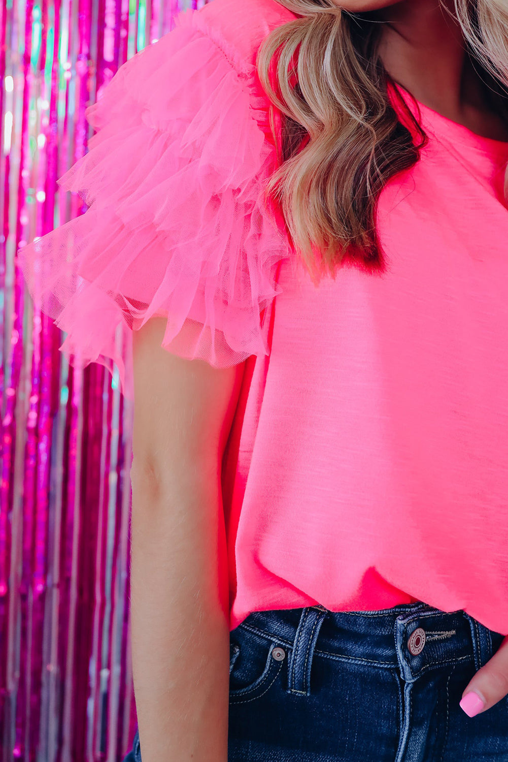 Flamingo Tulle Ruffle Sleeve Top