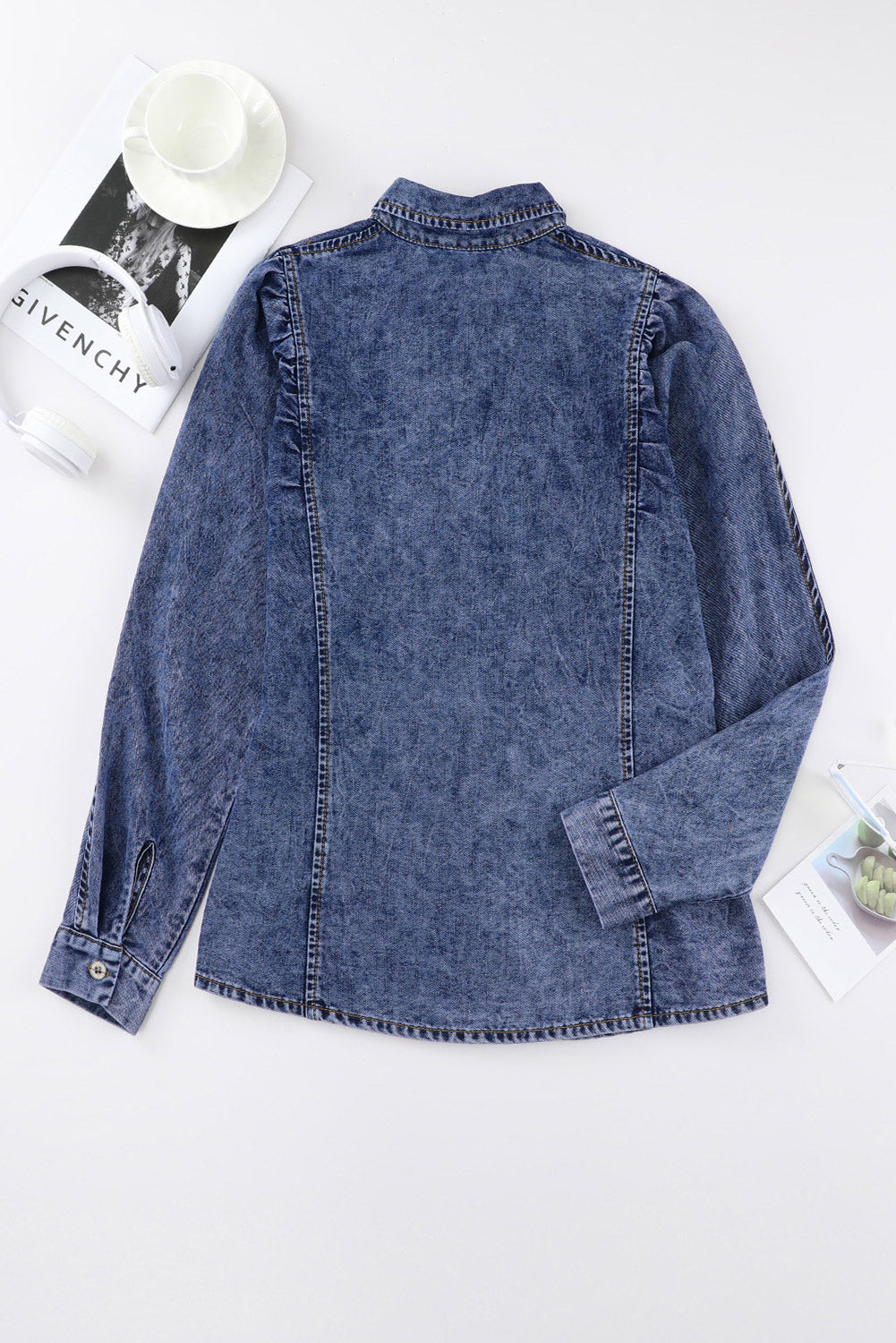Denim Chic Puff Sleeve Blouse