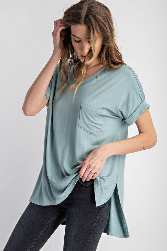 V Neck Basic High Low Top