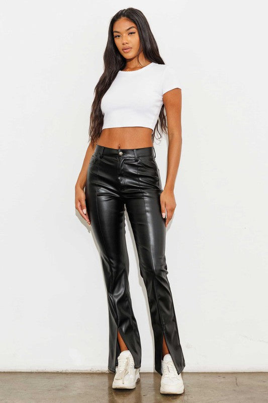 Vegan Leather Front Slit Pants