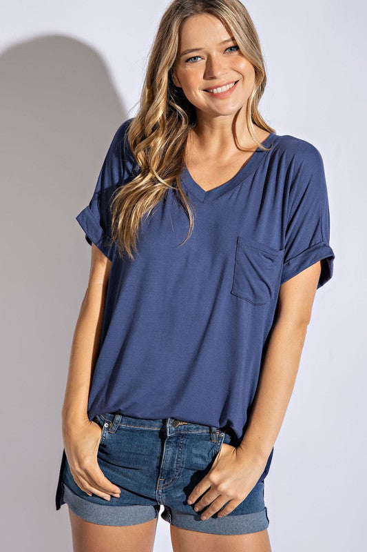 V Neck Basic High Low Top