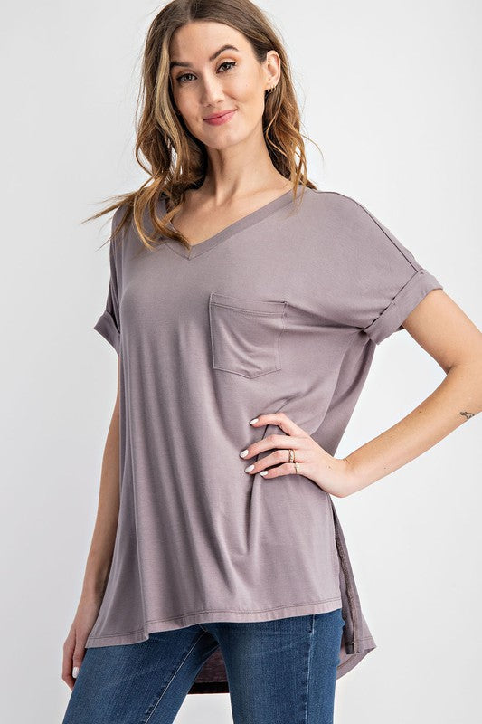 V Neck Basic High Low Top