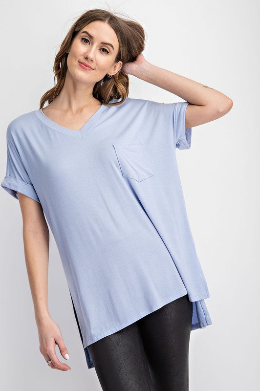 V Neck Basic High Low Top