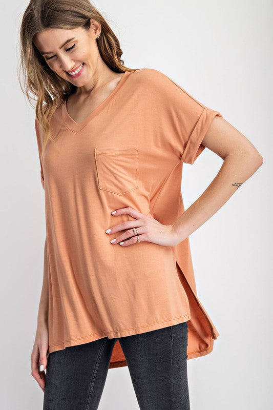 V Neck Basic High Low Top