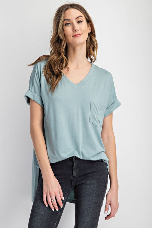 V Neck Basic High Low Top